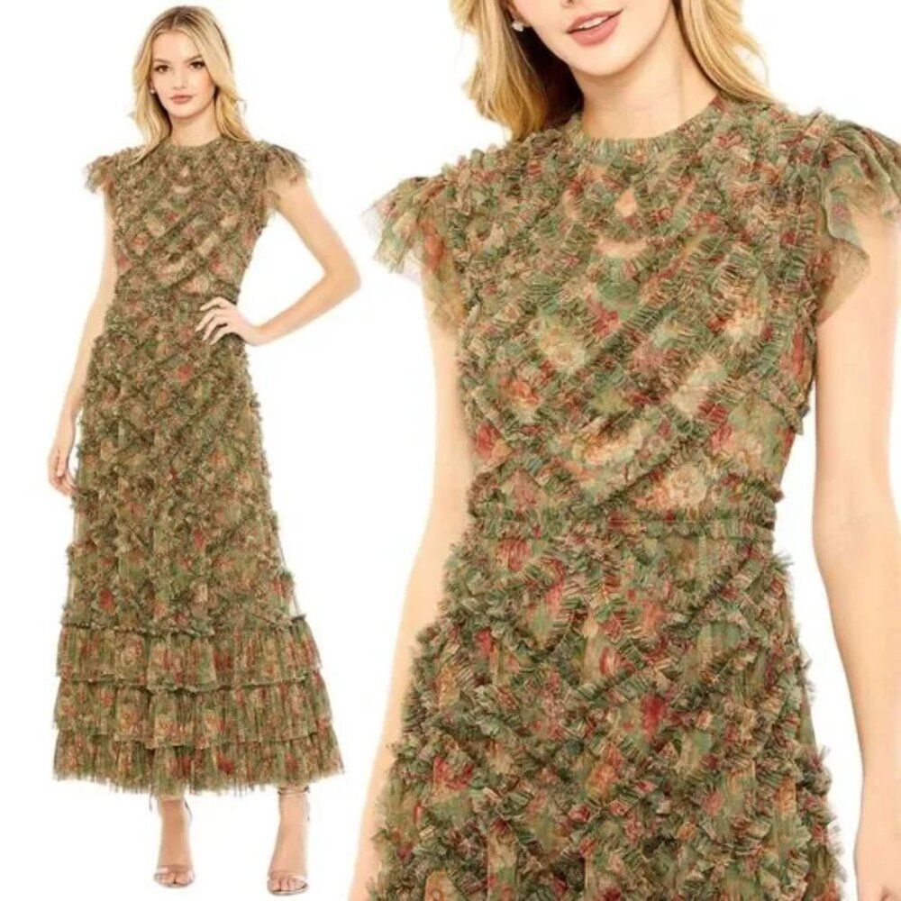 Mac Duggal 8009 Womens‎ Size 16 Green High Neck Ruffle Cap Sleeve Floral Dress